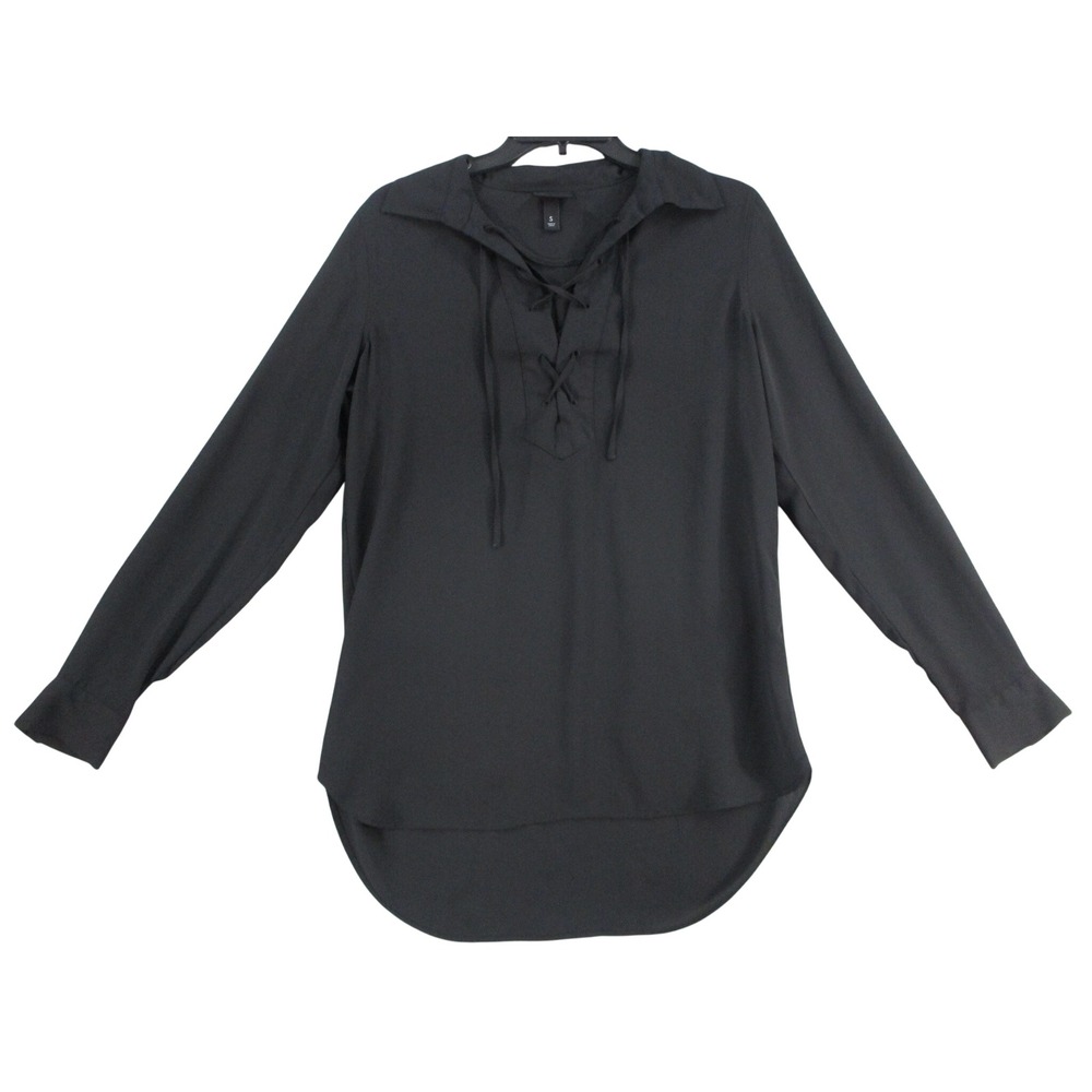 Who What Wear Womens Black Lace Up V-Neck Long Sleeve Blouse Size S